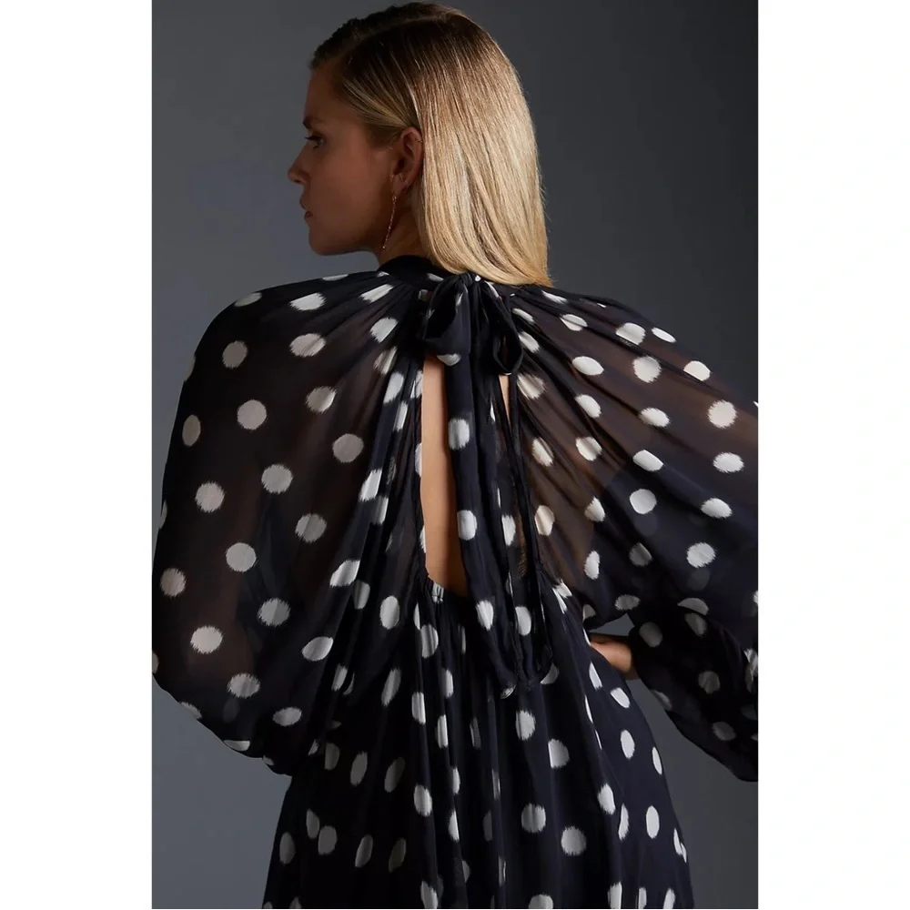 Anthropologie Maeve Black Sheer Long-Sleeve Polka Dot Mini Dress M NWT - Picture 8 of 11